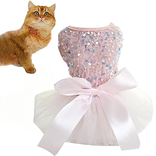 Pet Princess Dress, Sequins Big Bowknot Dresses for Small Dogs Girl Puppy Outfit Spring Summer Apparel Cute Sequins Bowknot Pet Skirt for Cats Holiday Doggie Wedding Party Dress (XS)