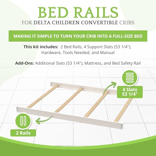 Image of Full-Size Conversion Kit Bed Rails Compatible with Delta Children Convertible Cribs - Solid Wood Rail #0050 - Toddler and Adult Bed Rail for Full-Size Beds - Baby Furniture (White Ambiance - 108)