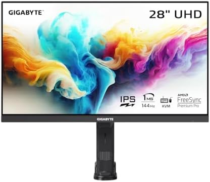 GIGABYTE M28U-AE Arm Edition 28" 144Hz 2160P UHD-KVM Gaming Monitor, 3840 x 2160 4k SS IPS Display, 1ms (GTG) Response Time, 94% DCI-P3, HDR Ready, FreeSync Premium Pro