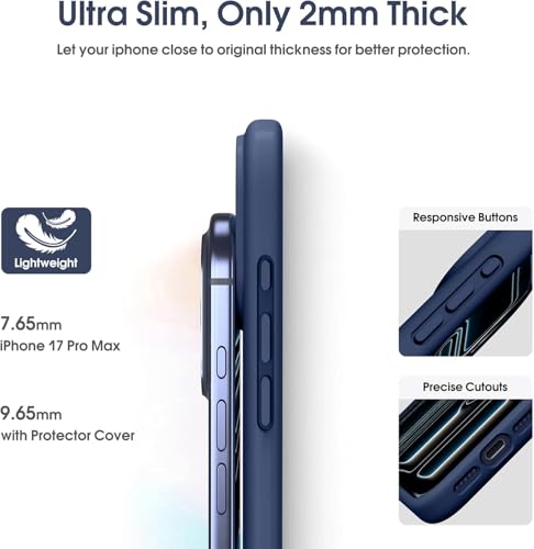 Image of DIZORO Compatible for (iPhone 17 Pro Case) Slim Liquid Silicone Case 3 Layers Full Covered Soft Gel Rubber Phone Case Protective Cover (Navy Blue)