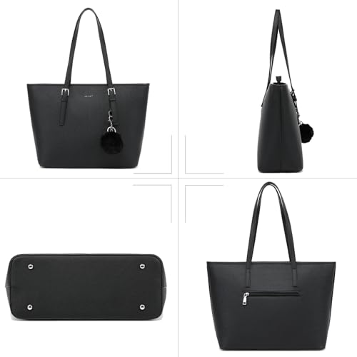 Handtasche Damen Set Schwarz Tasche Mit Geldbörse für Büro Schule Einkauf Handtasche Damen Groß Mit Quasten Damen und Pelz Kugel Plüsch Schlüsselring