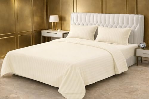 Image of Prozone Premium Satin Stripe Double Bedsheet with 2 Pillow Covers | Soft & Luxury Hotel Style Bedding for Double Bed (White)