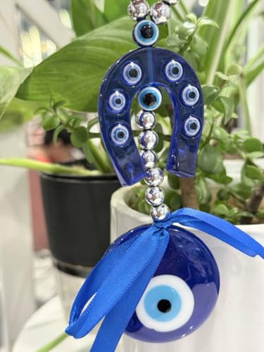 Image of BLUE BEADS Turkish Feng Shui Vastu Blue Glass Evil Eye Hanging /Door Hanging Nazar Batu for Protection and Good Luck - Perfect for Gifting Home or Office (Horseshoe)