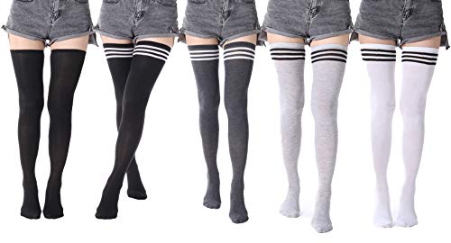 Thigh High Socks for Women, Striped Over The Knee Socks For Girls, Extra Long Socks for Daily Wear Cosplay, Pack Of 5