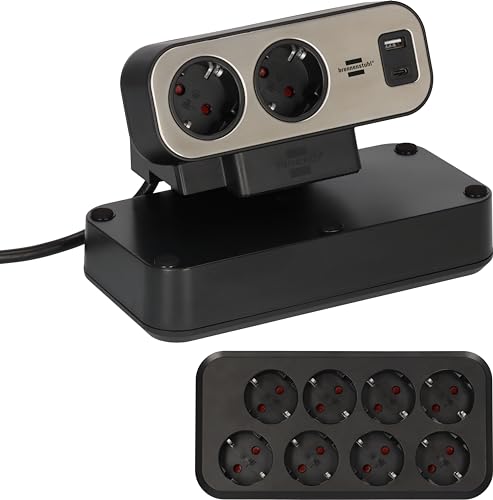 Brennenstuhl Estilo Duplex Tischsteckdosenleiste mit Schalter (Steckdosenleiste mit USB C Power Delivery 1x USB C und 1x USB A 10x Schutzkontakt-Steckdosen 2m) Silber/schwarz