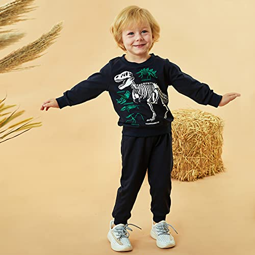 Image of HINTINA Toddler Boy Sweatshirt Outfits Long Sleeve Dinosaur Top Pants Sweatsuit 2PCS Fall Winter Outfits Set
