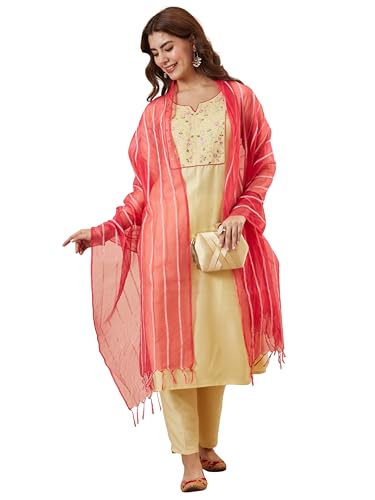 Image of MOKOSH Women's Kurta Pant Dupatta Set | Chinon Embroidered Straight Kurta with Pants and Striped Contrast Organza Dupatta, Traditional Indian Ethnic Suit Set