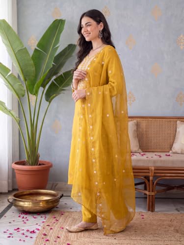 Image of INDO ERA Women's Silk Blend Embroidered Thread Work Kurta & Pant with Dupatta Set | Suit Set For Women