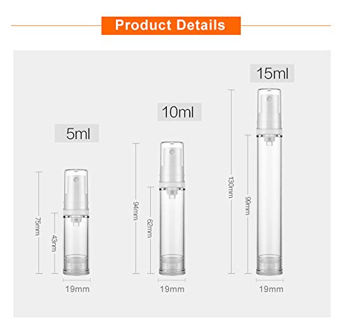 10 Pcs Clear Airless Pump Bottles,Refillable Empty Transparent Plastic Airless Lotion Pump Vacuum Container Diffuser Travel Size Lotion Sample Packing Vial-FREE Funnel,Dropper (15ml/0.5 Qunce)3