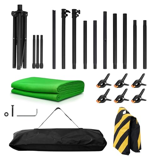 Green Screen Backdrop with Stand, 8x7.2ft Portable Greenscreen Background with Stand, T-Shape Green Screen Stand kit with 6 Spring Clamps, Sandbag, Carry Bag for Zoom, Video