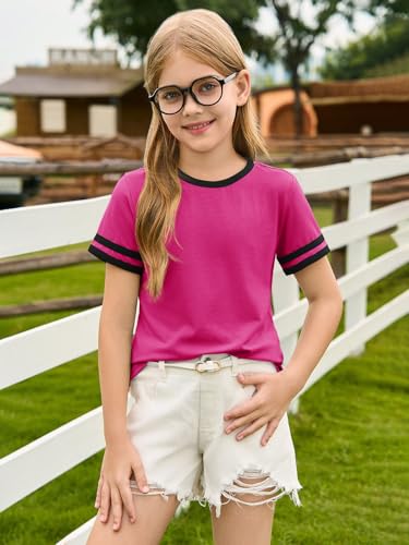 Image of Haloumoning Girls Short Sleeve T Shirts Kids Summer Crewneck Color Block Tops Fashion Tees 5-14 Years