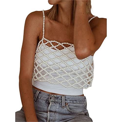 Women Sexy Pearls Beaded Camisole Pearl Chain Bra Sleeveless Sling Vest Crop Tops Party Club Camis Tanks Tops (White Style A, One Size)