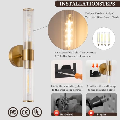 Image of Rechargeable Wall Sconce Set of 2, Battery Operated Wall Sconce, Wireless Wall Lamp with Vertically Striped Glass Tube, Non-Hardwired Wall Sconces, Modern Vanity Light Fixtures for Bedroom, Hallway