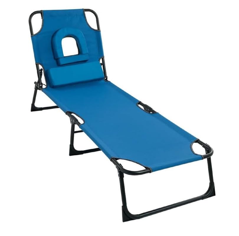 Kingtoss Sun Lounger for Garden, Foldable Reclining Sunbed Chair with Padded Face Hole, Adjustable Positions, Folding Metal Frame, Extra Cushion, No assembling needed - Blue
