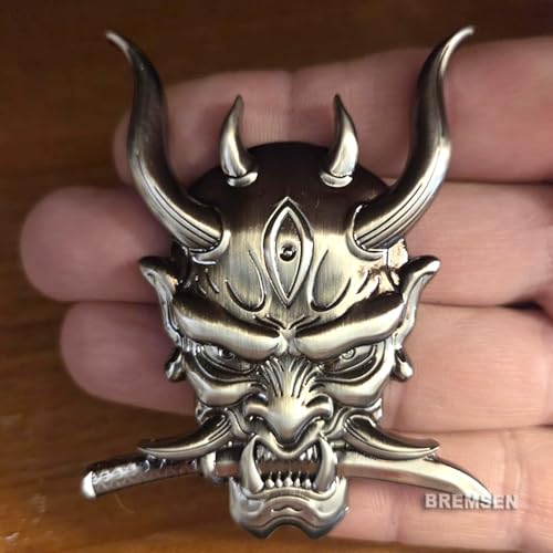 3D Devil Samurai Metal Car Emblem Decal Japanese Hannya Skull Side Rear Front Hood Emblem Daemon Ghost Warrior Zinc Alloy Badge Decal for Auto Motorcycles Trucks Trunk(Chrome) - Thumbnail 3