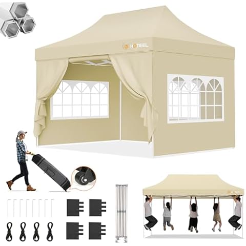 Hoteel Canopy 10x15 Heavy Duty Pop Up Canopy Tent with 4 Sidewalls,UPF50+ and Waterproof 1500mm,3 Height Adjustable,Upgraded Hexagonal Pipe,Commercial Instant Tent,for Parties,Wedding,Khaki Cover