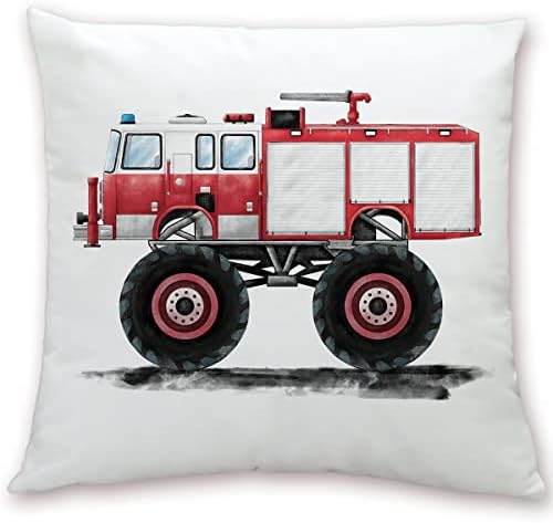 Watercolor Fire Engine Monster Truck Pillow Cover 18x18 Inch Monster Truck Fire Truck Throw Pillow Case Transportation Pillowcase Cushion Cover for Couches and Sofas Nursery Decor