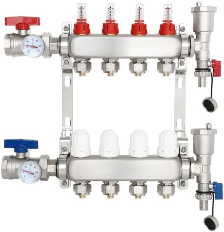 FAHKNS Floor Heating Manifold Kit, 4-Branch Radiant Heating Manifold 1/2" Adapters Stainless Steel Radiant Heat Pex Manifold Set