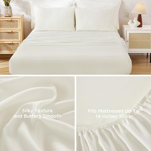 Image of Andency Super King Plus Comforter Set Ivory - 7 Pieces Bed in a Bag Oversized King Bedding Sets, Boho Tufted Lightweight Fluffy Bed Set with Comforter, Sheets, Pillowcases & Shams