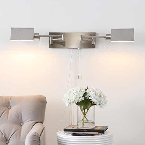JONATHAN Y 54" Nickel 2-Light Double Swing Arm LED Wall Sconce, Industrial Farmhouse Iron Wall Lamp with Pull-Chain, USB, Metal Shades (JYL6016B) by JONATHAN Y - Image 4