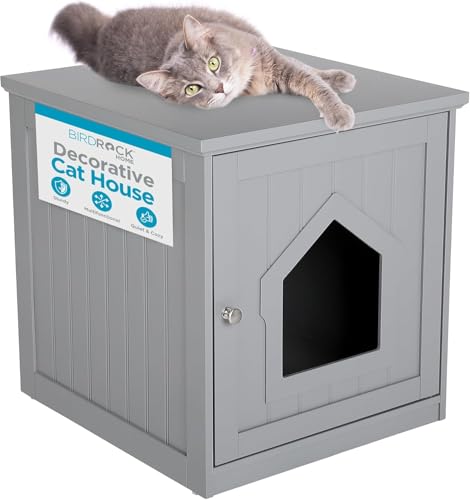 BIRDROCK HOME Decorative Cat House & Side Table | Grey Nightstand | Indoor Pet Crate | Litter Box Enclosure | Hooded Hidden Pet Box | Cats Furniture Cabinet | Kitty Washroom