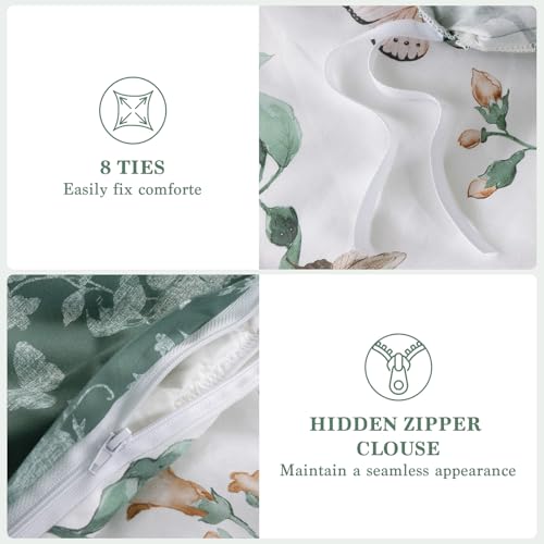 Shilucheng 100% Cotton Floral Duvet Cover King Size - 600 Thread Count, Breathable & Cooling Comforter Cover with Zipper Closure,Hotel Bedding Duvet Covers 3 Piece (White & Green)