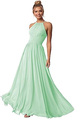 Clothfun Damen Halfter Brautjungfernkleider Lang Chiffon Formelle Kleider Abend Party Kleid 2024, Minze, 40