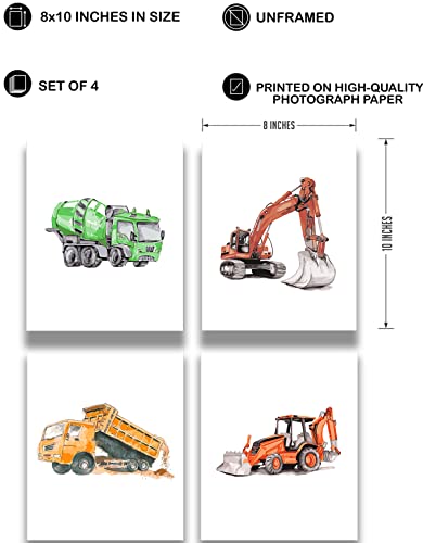 Boy's Bedroom Construction Vehicles Wall Art - Set Of 4 Modern Nursery Room Decor For Boys - Toy Room And Playroom Wall Art For Boys - Great Gift For Kids Bedroom - 8X10 Unframed Prints #TOP2