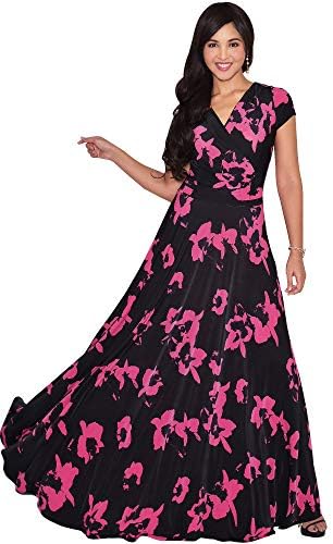 KOH KOH Womens Long Tall Floral Flower Print Pattern Short Cap Sleeve Casual Vacation Elegant Flowy Modest Spring Summer Sundress Maxi Dress Dresses Gown Gowns, Black & Pink L 12-14