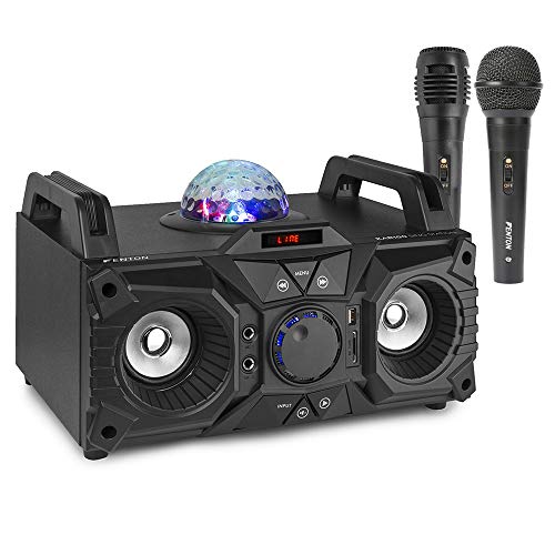 Fenton KAR100 Portable Bluetooth Karaoke Machine System with 2 Dynamic Wired Microphones, Echo Effect, LED Lights & Rechargeable Battery - Ideal Home Karaoke Speaker System for Parties and Events