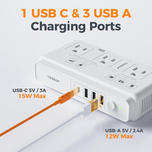 Image of TESSAN Voltage Converter US to Europe, 220 to 110 | 4 USB Ports (1 USB C), 3 AC Outlets, EU UK AU IT IN ZA Plug Adapter, Step Down Transformer, 6 FT Cord
