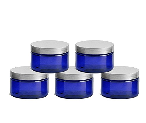 6 Cobalt Blue Low Profile 4 Oz Jars PET Plastic Empty Cosmetic Containers, Silver Caps, Sugar Scrub, Powder, Body Cream, Lotion, Beads by Grand Parfums
