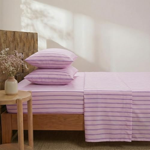Image of Merryword 100% Cotton Sheet Set Full Size - Pink & Purple Striped Bedding, Soft Breathable Percale Weave, Deep Pocket Fitted Sheet 17.5 inch, Luxury & Silky Soft Sheet Set for All Seasons