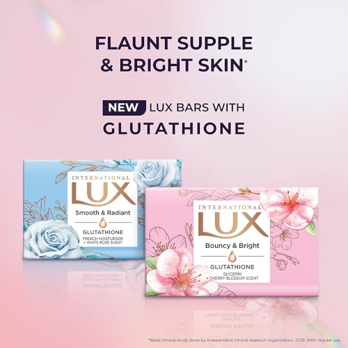 Image of LUX International Bouncy & Bright Bathing Soap, 4 x 130g, LUXURIOUS BATHING EXPERIENCE, for Hydrated & Radiant Skin, with Glutathione & Glycerin, Improves Skin Texture, Cherry Blossom Fragrance