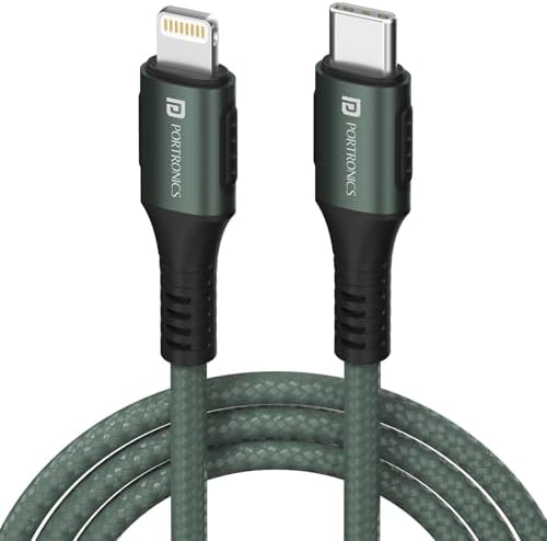 Portronics Konnect CL 20W POR-1067 Type-C to 8 Pin USB 1.2M Cable With Power Delivery & 3A Quick Charge Support, Nylon Braided For All Type-C and 8 Pin Devices, Green