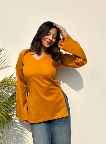Image of FELISIA Women's Rayon Floral Printed Full Sleeves V-Neck Short Kurti, Bell Sleeves, Short Kurti for Woman, Stylish Ethnic Top, Daily Casual Western & Office wear