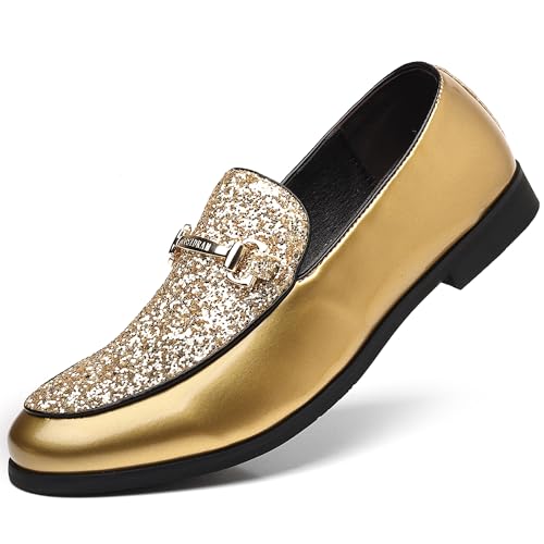 COSIDRAM Men's Glitter Dress Shoes Fashion Metallic Sequins Gold Buckle Luxury Patent Leather Loafers Wedding Party Prom Gold 13