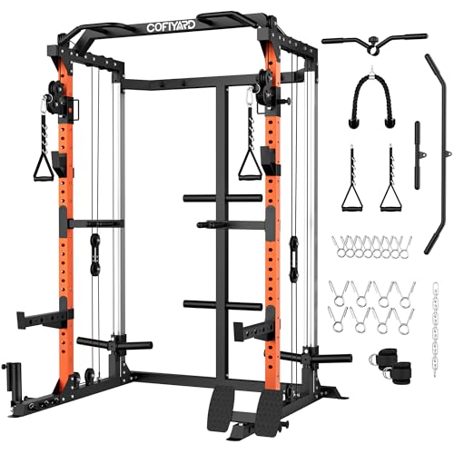 Cofiyard Power Cage, Power Rack with Dual Pulley System, Multi-Function Squat Rack with Cable Crossover, Free Weight Home Gym Workout Machine(Orange)