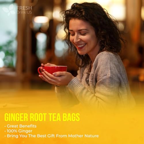 FreshDrinkUS, 150 Premium Ginger Tea Bags, Non GMO, 100% Natural & Pure from Ginger Root, Root Herbal Tea. No Sugar, No Caffeine, No Gluten, Vegan. Support Stronger Digestion, Pleasantly Spicy & Warming