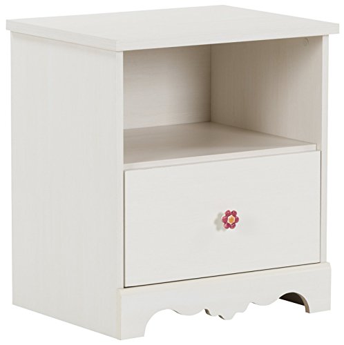 South Shore Lily Rose 1-Drawer Nightstand, White Wash with Ceramic Flower Knob