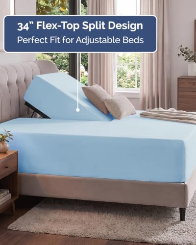 Image of Extra Deep Flex Top Split Head King Fitted Sheet - Hotel Luxury Single Fitted Sheet Only - Easily Fits 18 inch to 24 inch Mattress - Ultra Soft, Wrinkle Free w /Extra Deep Pockets - Sky Blue