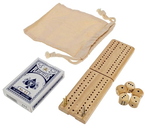 WE Games Travel Cribbage Board Game Set – Foldable 2-Track Mini Wooden Cribbage Board with Cards, Dice, Metal Pegs & Storage Bag – Portable Game