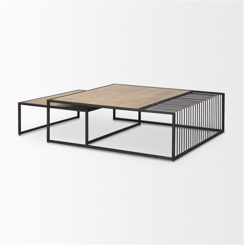 Pemberly Row Nesting Coffee Table Set, Black Metal Frame, Light Brown Wood Tops, Modern Wire-Corner Design, Space-Saving Functionality, Durable Living Room Tables for Contemporary Interiors