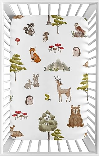 Image of Sweet Jojo Designs Baby Fitted Mini Crib Sheet (Woodland Animals) for Girls or Boys, Newborn /Infant Nursery, Play Yards, Portable Cribs (Gender Neutral, Forest Animal Friends, Bear, Deer, Watercolor)