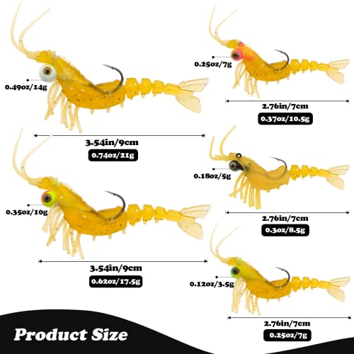 Fregito 5Pcs Soft Shrimp Lures Shrimp Baits Set, Soft Plastic Fishing Lures Weedless Soft Swimbaits For Bass, Luminous Lures With Sharp Hooks For Saltwater And Freshwater(Yellow) #TOP1