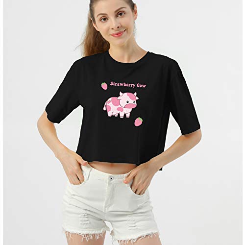 Image of KEEVICI Girls' Cute Strawberry Cow Print T Shirts Short Sleeve Crop Cotton Tops