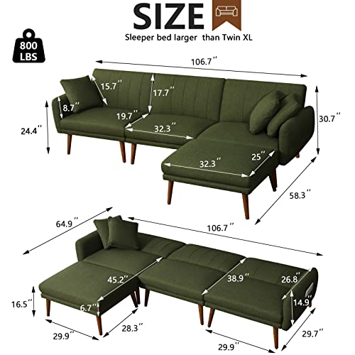 Noblemood Sleeper Sectional Sofa Bed For Living Room, L-Shaped Linen Fabric Couch Sofas With Reclining Backrest And Removable Ottoman #TOP1