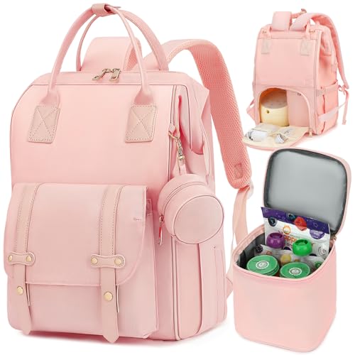 Image of ROSEGIN Baby Diaper Bag Backpack with Cooler and Pacifier Case, Breast Pump Bag for Work Mom, Trolley Sleeve for Travel, Baby Shower Gifts for Girl, Pink