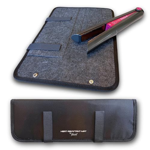 Hair Straightener Mat & Pouch by j&m - Heat Resistant - Fits ghd, BaByliss & Larger Straighteners - Zip-Up All-in-One Compact Travel Case (New: XL Felt Mat)