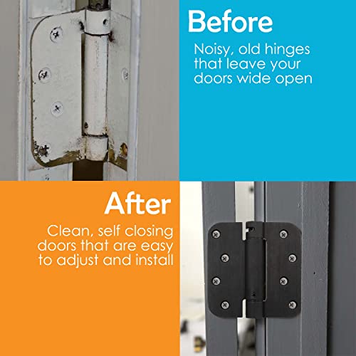 Houseables Self Closing Door Hinges, Mortise Spring Hinge, 5/8" Radius Corner, Oil Rubbed Bronze Finish, 4” X 4”, 2 Pk, 2.7 Mm, Automatic Closer, Adjustable, Tension Loaded, Auto Close Pin, Heavy Duty #TOP5